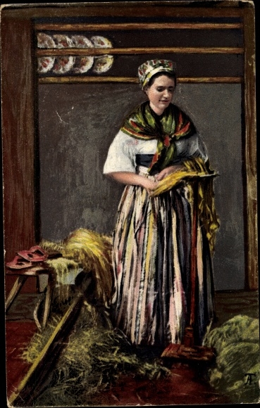 Postcard Silesian traditional costumes, Silesian farmer's wife, panting flax