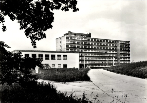 Postcard Eibenstock in the Ore Mountains of Saxony, FDGB recreation home, modernist building, spacious f...