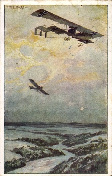 Artist Postcard Schulze, Hans Rudolf, Military biplane on reconnaissance mission over the Argonne Forest