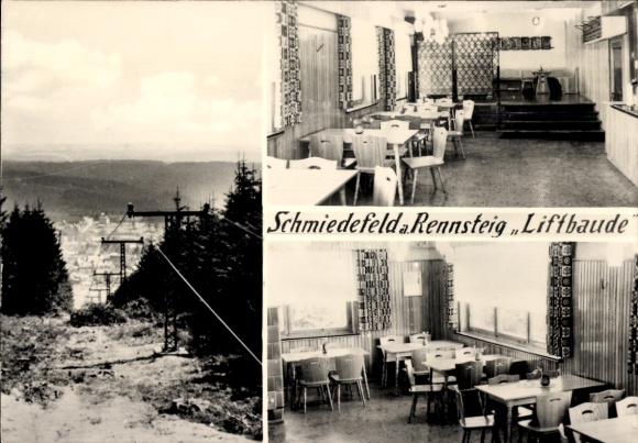 Postcard Schmiedefeld am Rennsteig Suhl, Rennsteig train station, restaurant interior, view, lift...