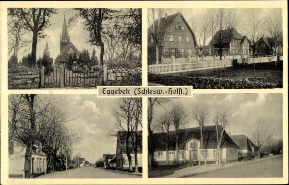 Ak Eggebek Kreis Flensburg, Kirche, Häuser mit Gärten, Straßenansichten