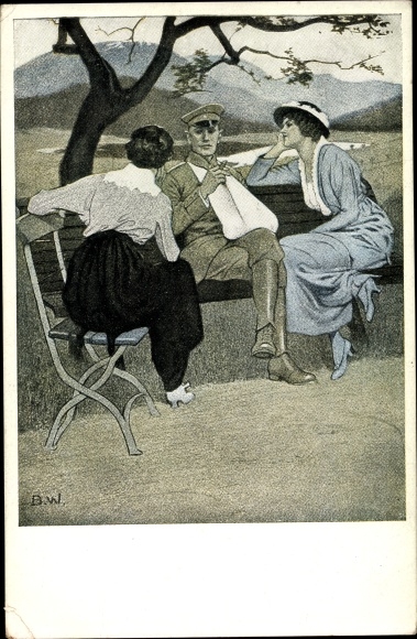 Artist PC Wennerberg, Bruno, at home, two women and a man, soldier