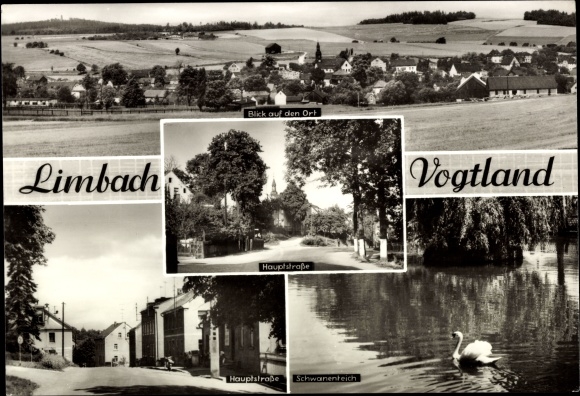 Postcard Limbach im Vogtland, view of the town, swan pond, main street