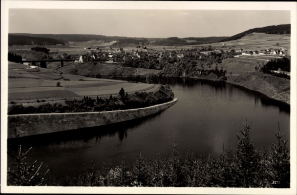 Postcard Saalburg in Thuringia, landscape with river, bridge, villages, fields, trees