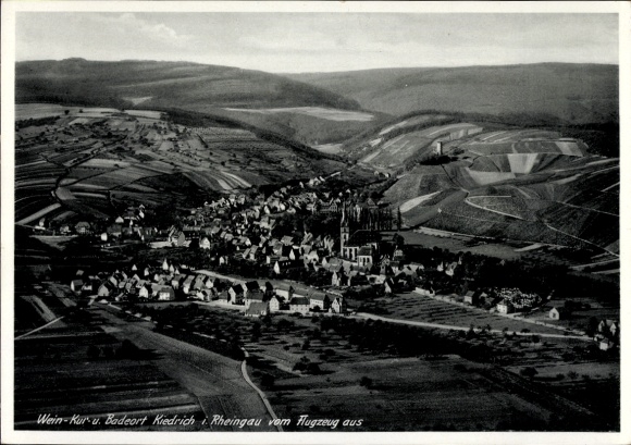 Postcard Kiedrich in the Rheingau Taunus, aerial view of Kiedrich, wine spa, seaside resort, river landscape