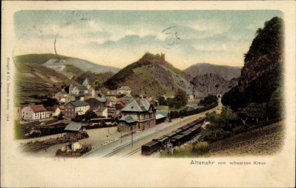 Postcard Altenahr in the Ahr valley, scene with houses, tracks, train, mountain landscape,