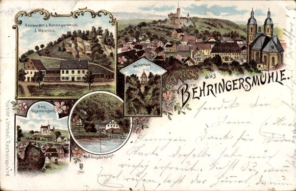 Chromo-Litho Behringersmühle Gößweinstein in Upper Franconia, restaurant, Stempfermühle, view of the town