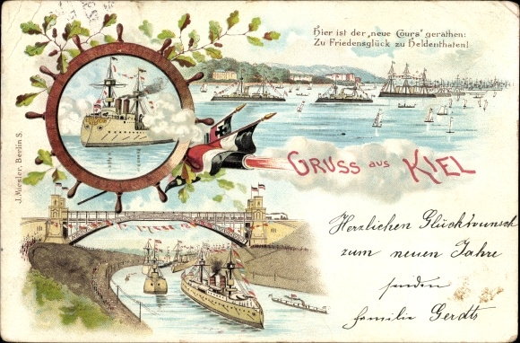 Chromo-Litho Kiel in Schleswig Holstein, German warships, North Baltic Sea Canal, high bridge