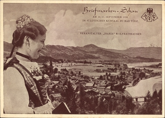 PC Bad Tölz im Isartal Oberbayern, stamp show 1938 in the Kursaal, costume, Isaria