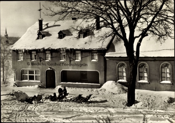 Postcard Hammerbrücke Muldenhammer im Vogtland, Weidlichs Gasthof, commission restaurant, winter