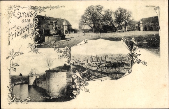 Postcard Friedewald in Hessen, castle ruins, courtyard, town view