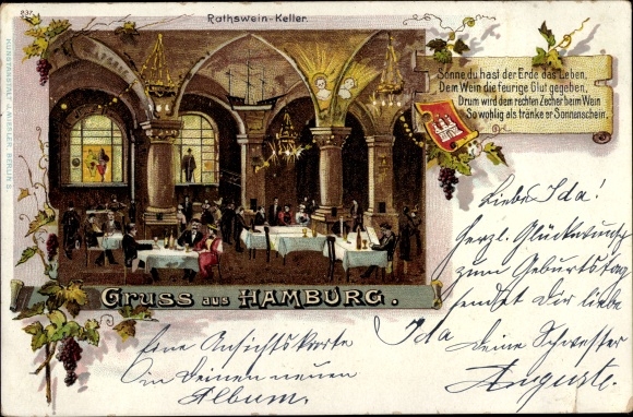 Ansichtkaart Hamburg Mitte Altstadt, Rathsweinkeller, Ratsweinkeller, binnenaanzicht, gedicht