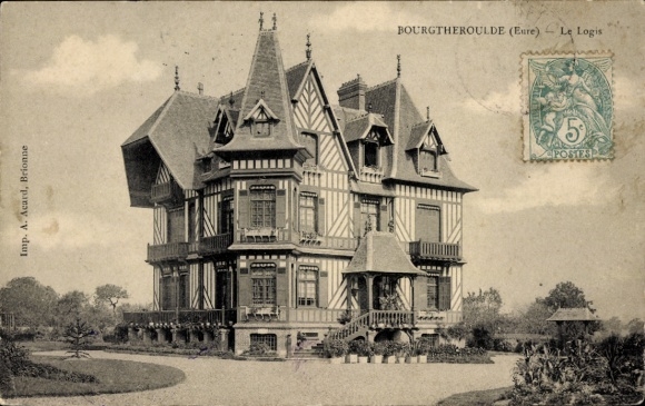 PC Bourgtheroulde Eure, Victorian building, windows, towers, garden, postmark