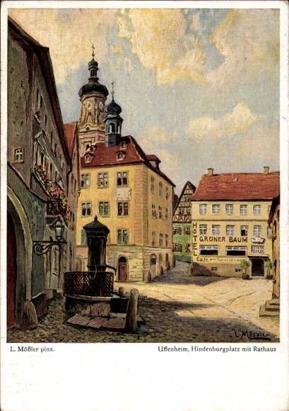 Artist Postcard Mößler, L., Uffenheim in Middle Franconia, Hindenburplatz with town hall