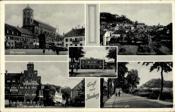Ak Homburg an der Saar Pfalz, Bahnhof, Marktplatz, Gesamtansicht, Straßenansicht