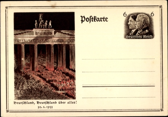 Ganzsachen Ak Berlin, Deutschland über alles, Aufmarsch 30. Januar 1933, Brandenburger Tor