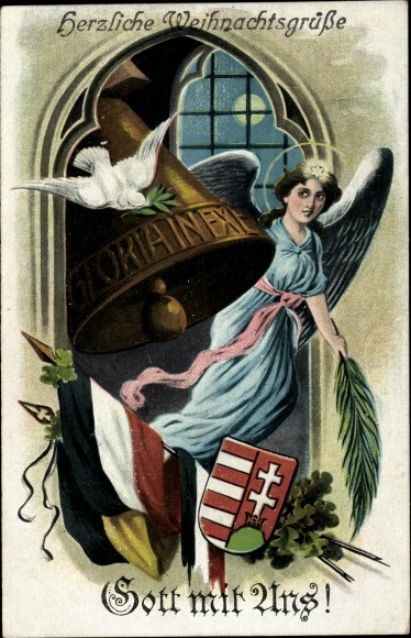 Ak gefeliciteerd Kerstmis, God met ons, engelen, klokken, eikenbladeren, duif