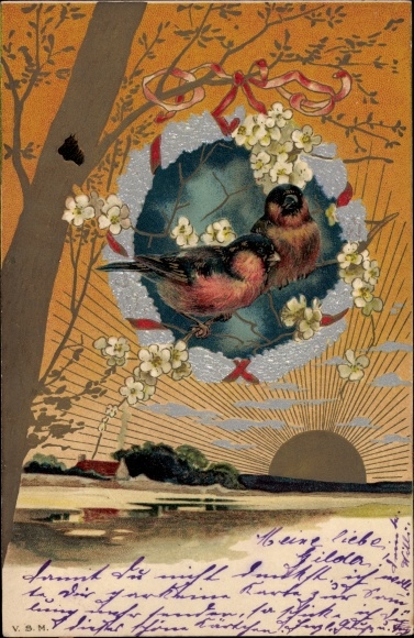 Ciseleer Sunshine litho Birds, zilveren krans, bloesems