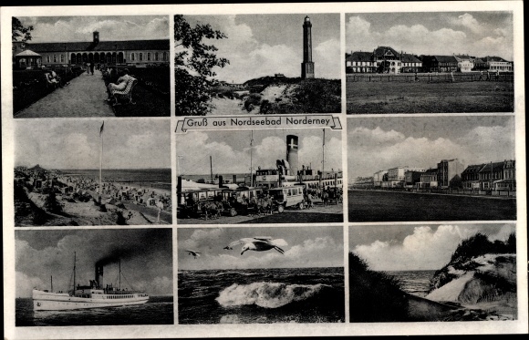 Ak Nordseebad Norderney Ostfriesland, vuurtoren, weggedeelte, strand, zwemstoomboot