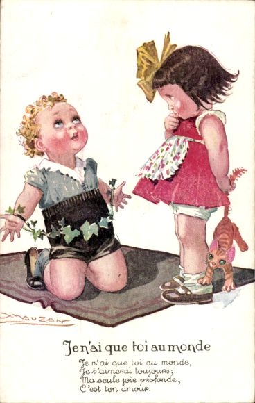 Artist Postcard Mauzan, boy declares his love to girl