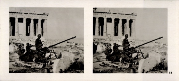 Stereo spatial image photo flying and winning No. 73, flak on the Acropolis