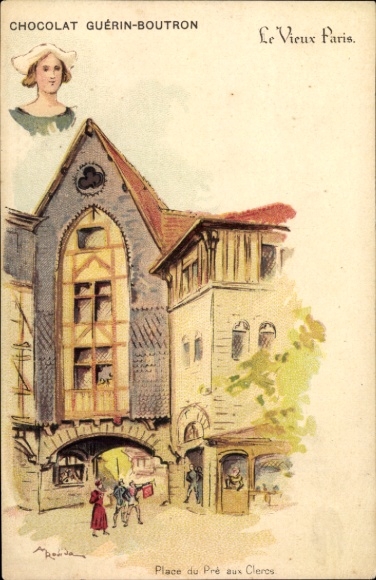 Artist Chromo-Litho Robida, Albert, Paris, Chocolat Guerin Boutron, Advertising, Cour du Pre aux Clercs