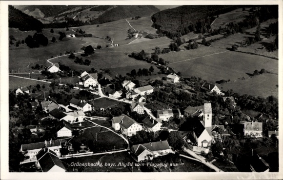 Postcard Grünenbach in Allgäu Swabia, aerial view of Grünenbad, houses, church, landscape