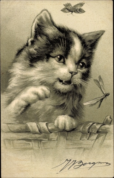 Embossed Chromo-Litho Black and white cat, dragonfly, butterfly