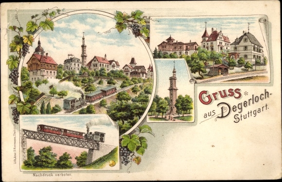litho Degerloch Stuttgart in Württemberg, oprit van de tandradbaan, toren, brug
