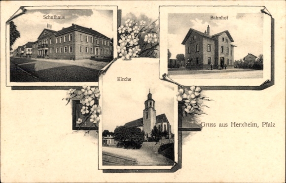 Ak Herxheim bei Landau in der Pfalz, Schulhaus, Kirche, Bahnhof