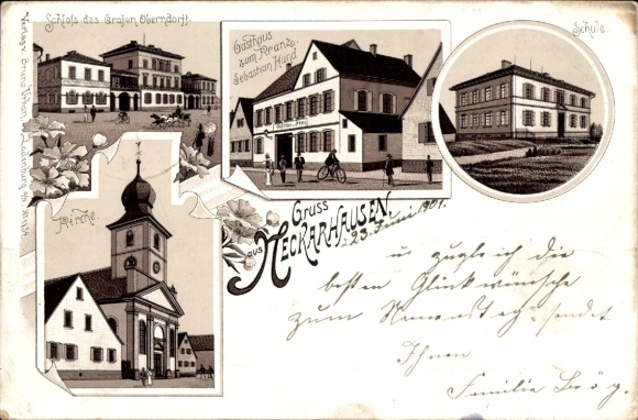Litho Edingen Neckarhausen in Baden, Schule, Kirche, Gasthaus zum Kranz, Schloss