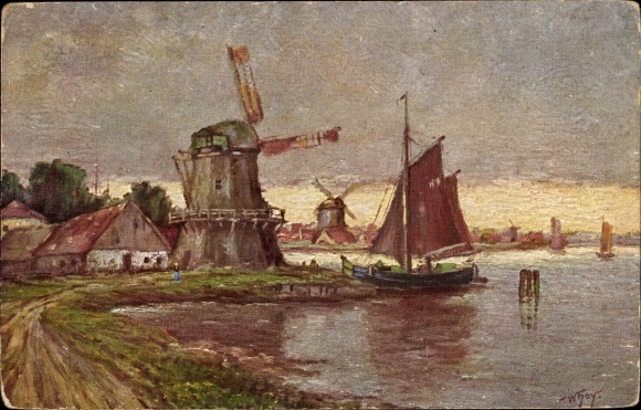 Artist Postcard Hoy, W., Mühle am Hafen, Mill at the port, Sailboat, Windmills