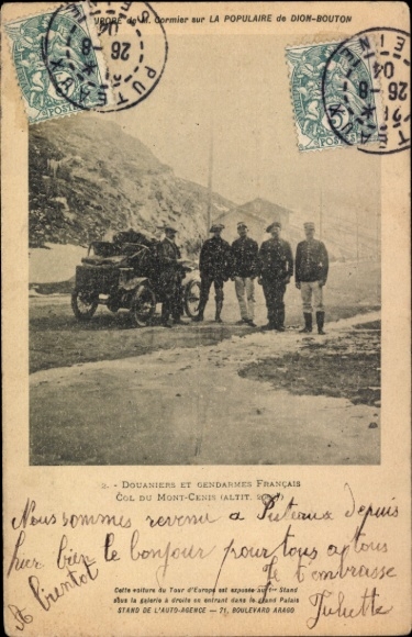 CPA Dion-Bouton Populaire, Douaniers et Gendarmes francais Col du Mont Cenis