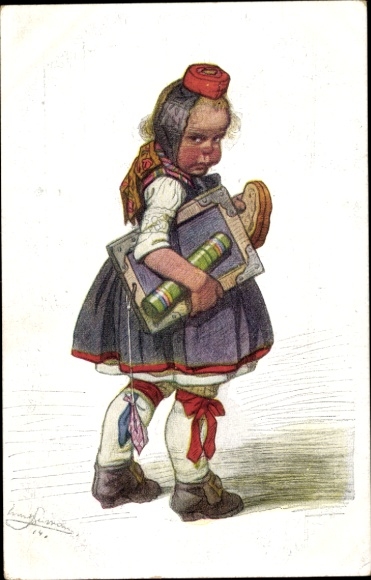Artist PC Beithan, Emil, girl in Hessian costume with slate