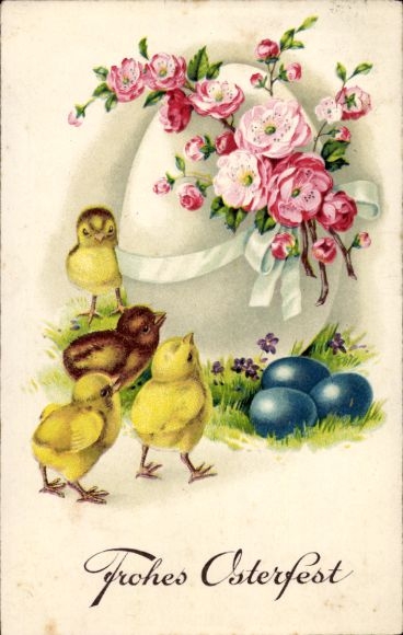 Ak Glückwunsch Ostern, Küken, Ostereier, Blumen