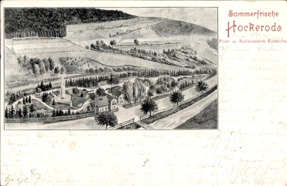 Artist Postcard Hockeroda Kaulsdorf Thuringia, bird's eye view of the place