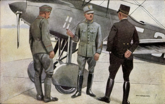 Artist Postcard van Oorschot, Dutch military aircraft, soldiers in uniform