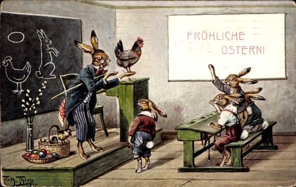 Artist Postcard Thiele, Arthur, Congratulations Easter, Easter bunny at school, chicken