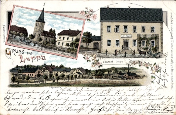 Ak Luppa Wermsdorf in Sachsen, Gasthof, Kirche, Schule, Pfarrhaus, historische Ansichten