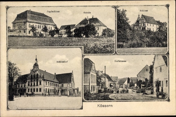 Ak Kössern Grossbothen Grimma in Saksen, kasteel, dorpsstraat, jachthuis, school, binnenplaats