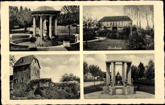Ak Bad Vilbel in Hessen, kasteelruïne, warmwaterbronnen, kuurhuis, drinkfontein