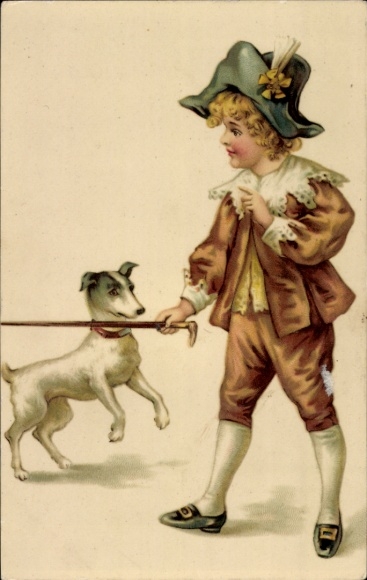 Artist Postcard Boy with Walking Stick and Dog