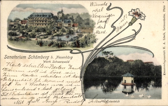 Postcard Schömberg in the Black Forest Württemberg, sanatorium, duck pond