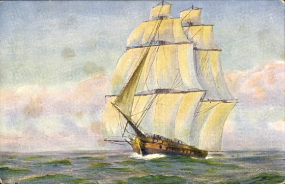 Artist Postcard Rave, Chr., Marine Galerie 29, French warship under lee sail, early 19th century.
