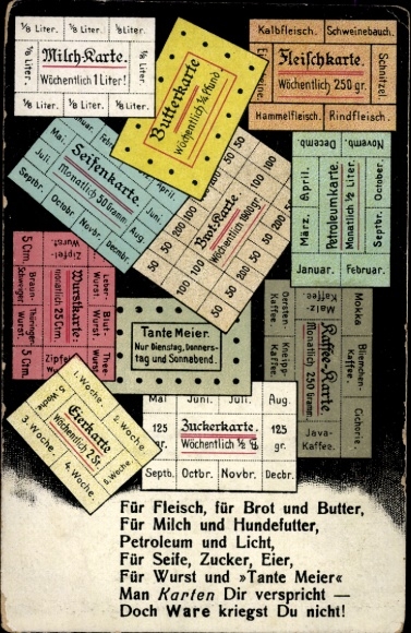 Postcard milk menu, butter menu, meat menu, soap menu, egg menu, sausage menu, I. WW