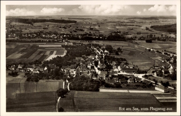 Postcard Rot am See Württemberg, aerial view of fields, houses, landscape