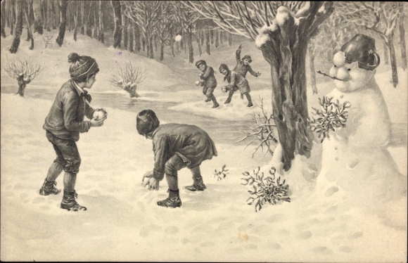 Ak Schneeballschlacht, Kinder, Schneemann, Mistelzweige
