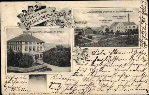Ak Obercunnersdorf Kottmar id Oberlausitz, meubelfabriek, boomkwekerij, stationsrestaurant