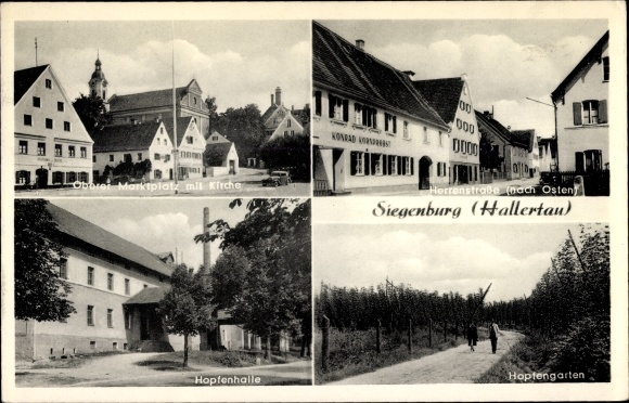 PC Siegenburg in Lower Bavaria, upper market square with church, Herrenstrasse, Hopfenhalle