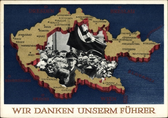 Postal stationery Postcard We thank our leader, Sudetenland, Bohemia, Moravia, Hitler